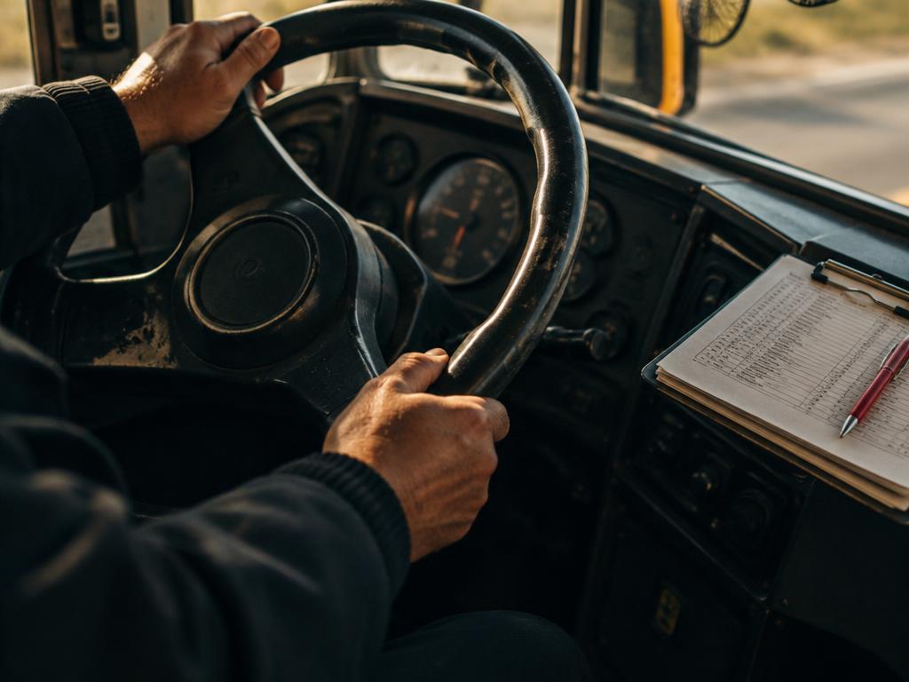 Manos de un conductor en el volante con la lista de ruta
